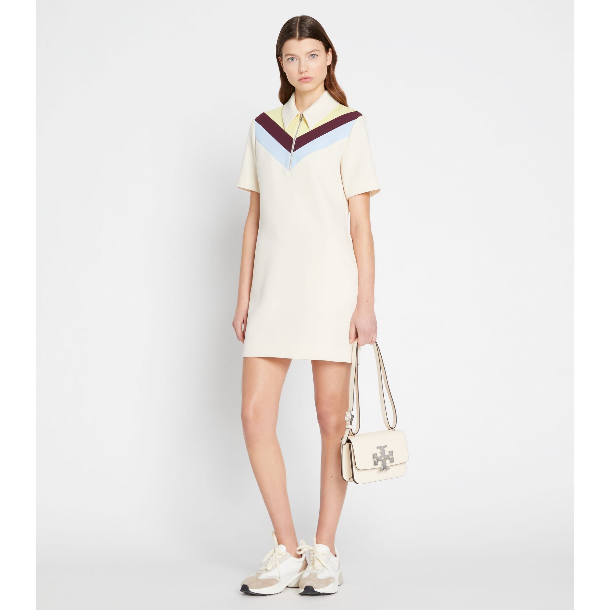 Women Chevron Polo Zip Dress - Sesame / Lemon Glow