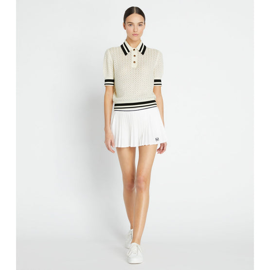 Women Cotton Pointelle Polo - New Ivory / Black