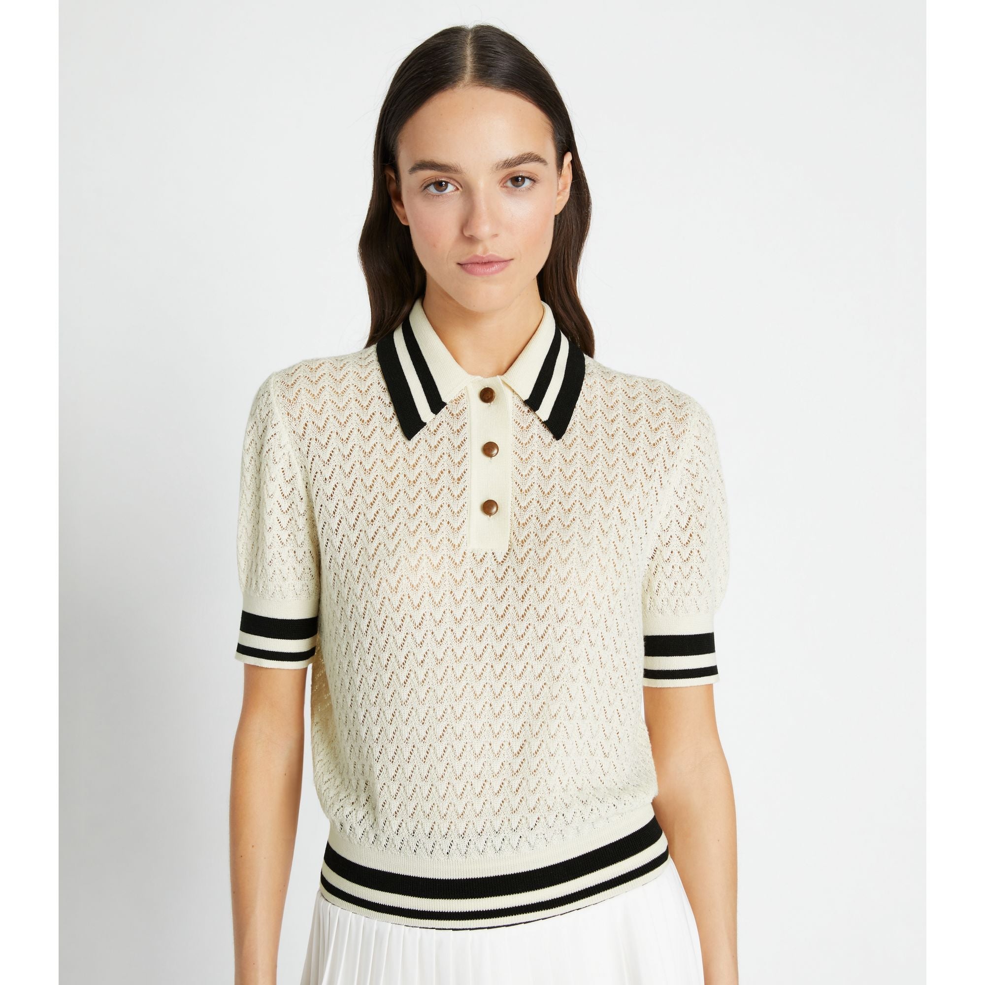 Women Cotton Pointelle Polo - New Ivory / Black