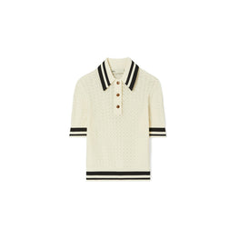 Women Cotton Pointelle Polo - New Ivory / Black