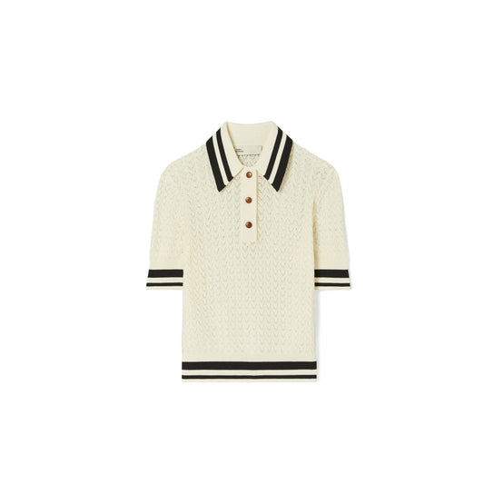 Women Cotton Pointelle Polo - New Ivory / Black