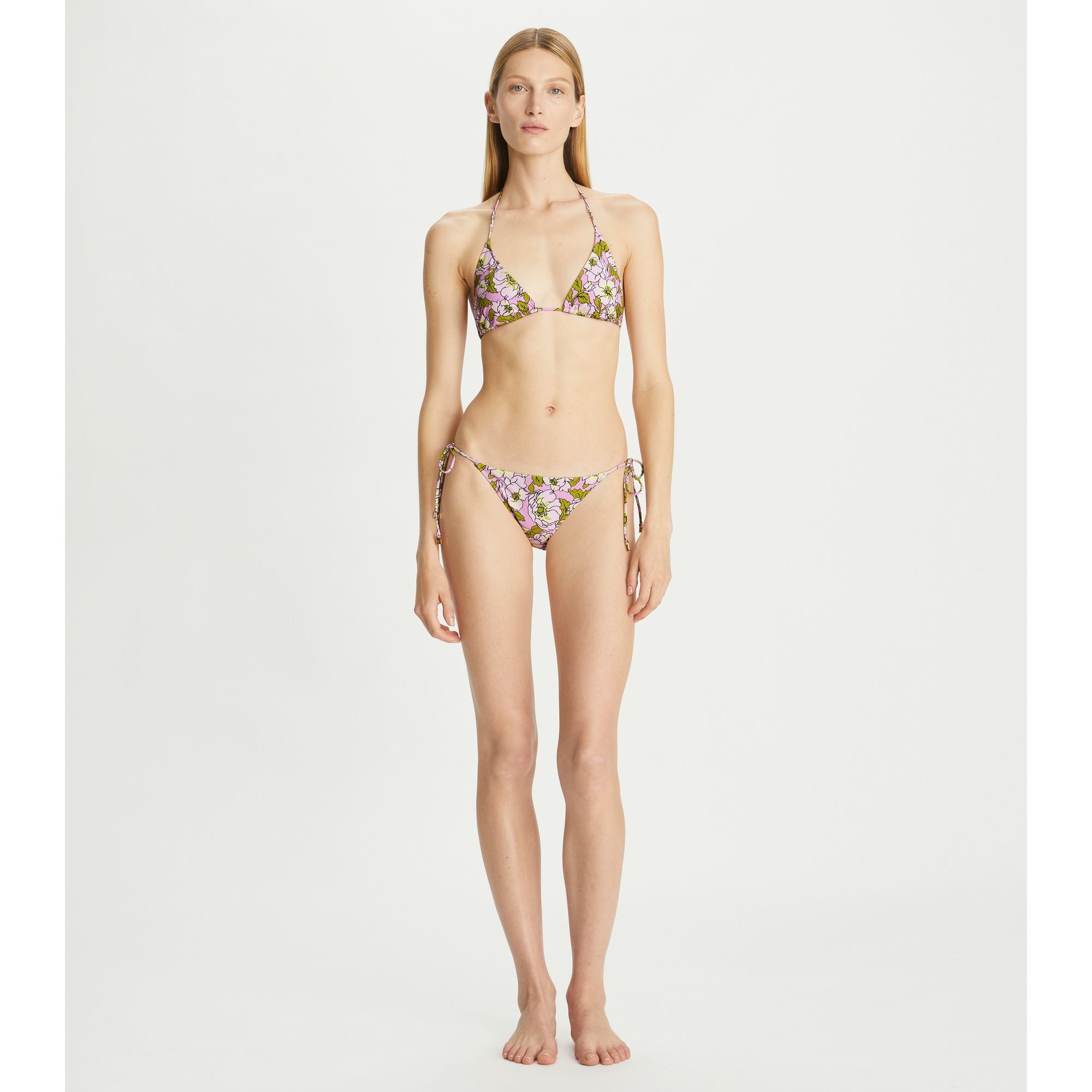 Women Printed String Bikini Top - Aster Pink Bold Flower