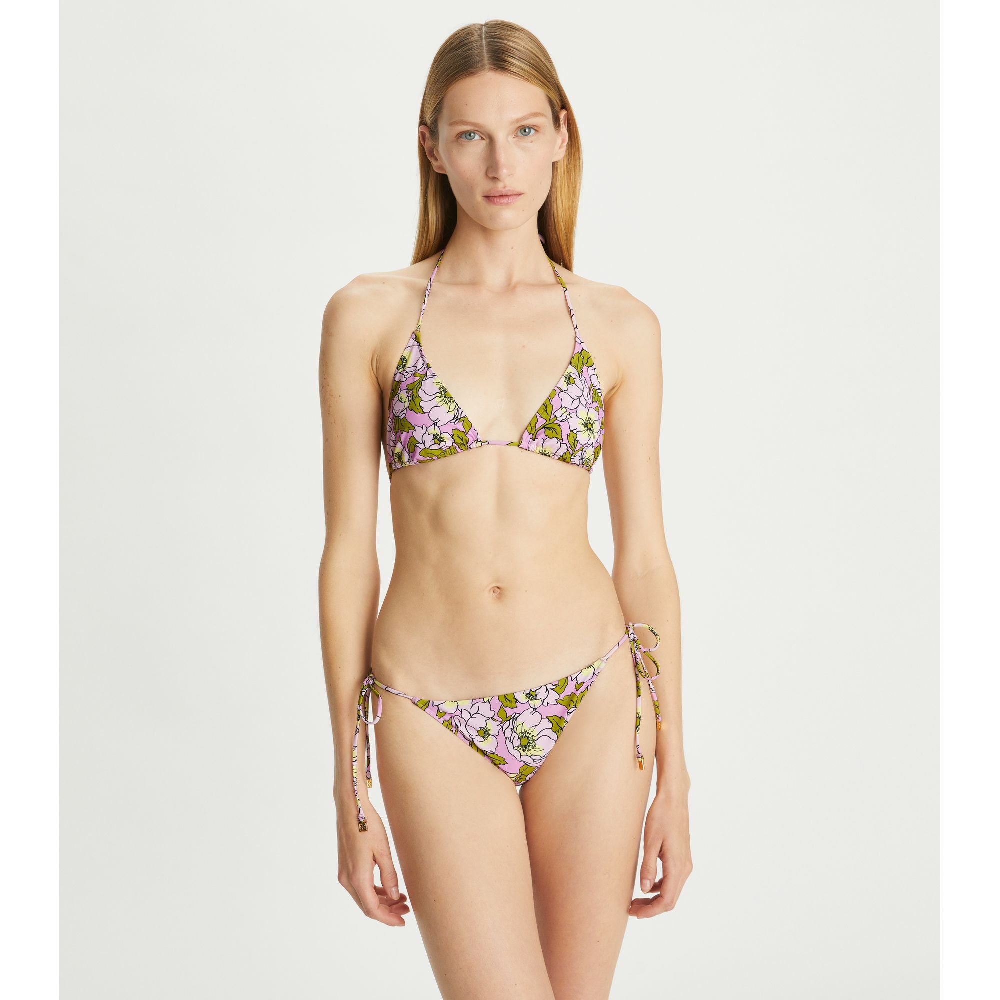 Women Printed String Bikini Top - Aster Pink Bold Flower