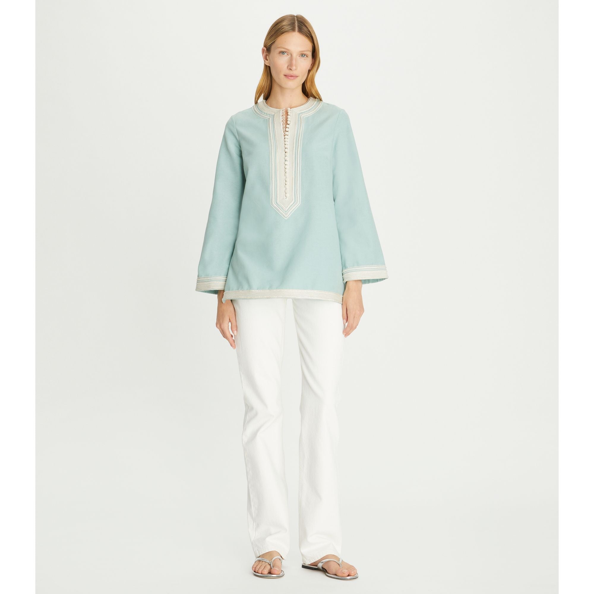 Women Embroidered Cotton Ottomon Tunic - Pastel Blue
