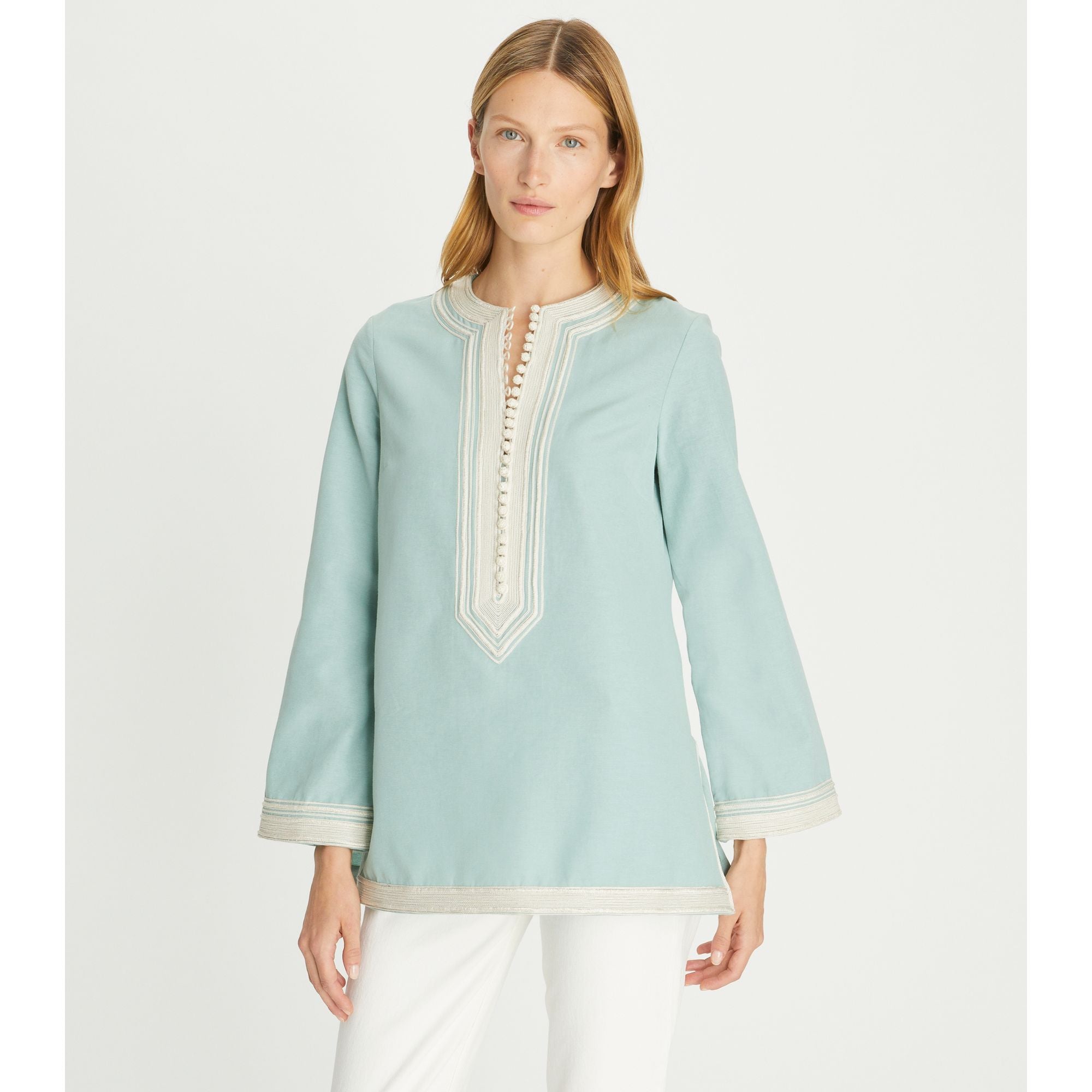 Women Embroidered Cotton Ottomon Tunic - Pastel Blue
