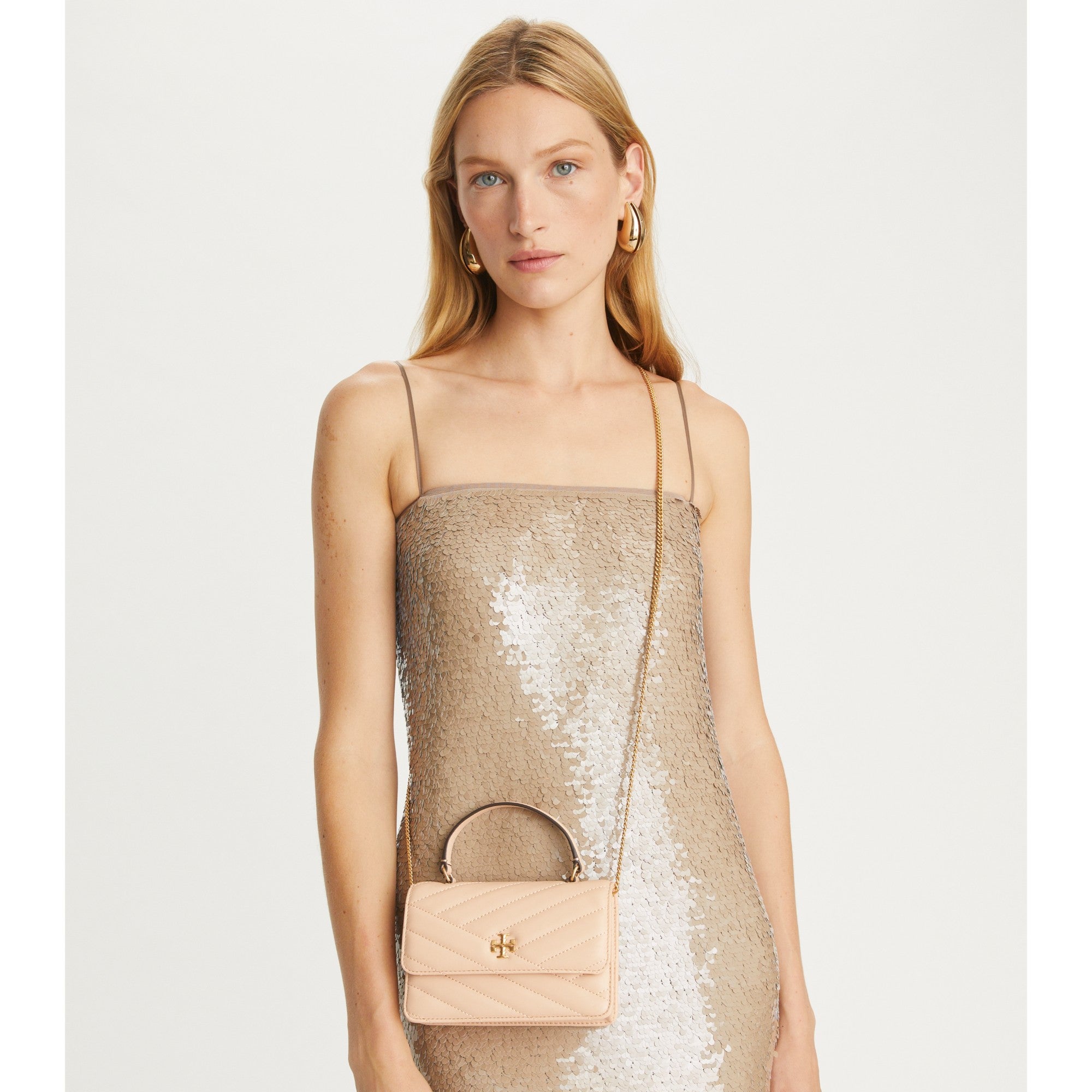 Women Kira Chevron Mini Top Handle Chain Wallet - Apricot