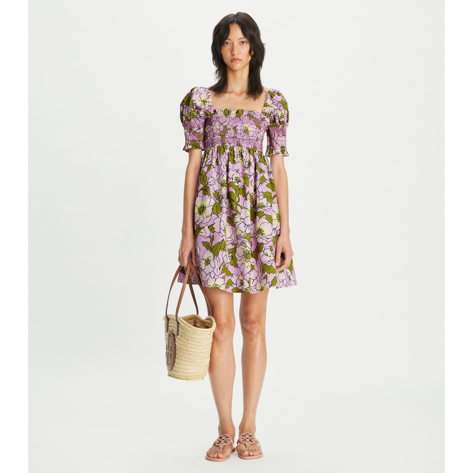 Women Smocked Printed Cotton Mini Dress - Aster Pink Bold Flower