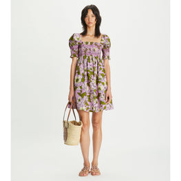 Women Smocked Printed Cotton Mini Dress - Aster Pink Bold Flower