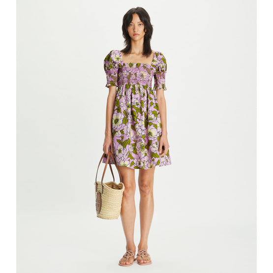 Women Smocked Printed Cotton Mini Dress - Aster Pink Bold Flower