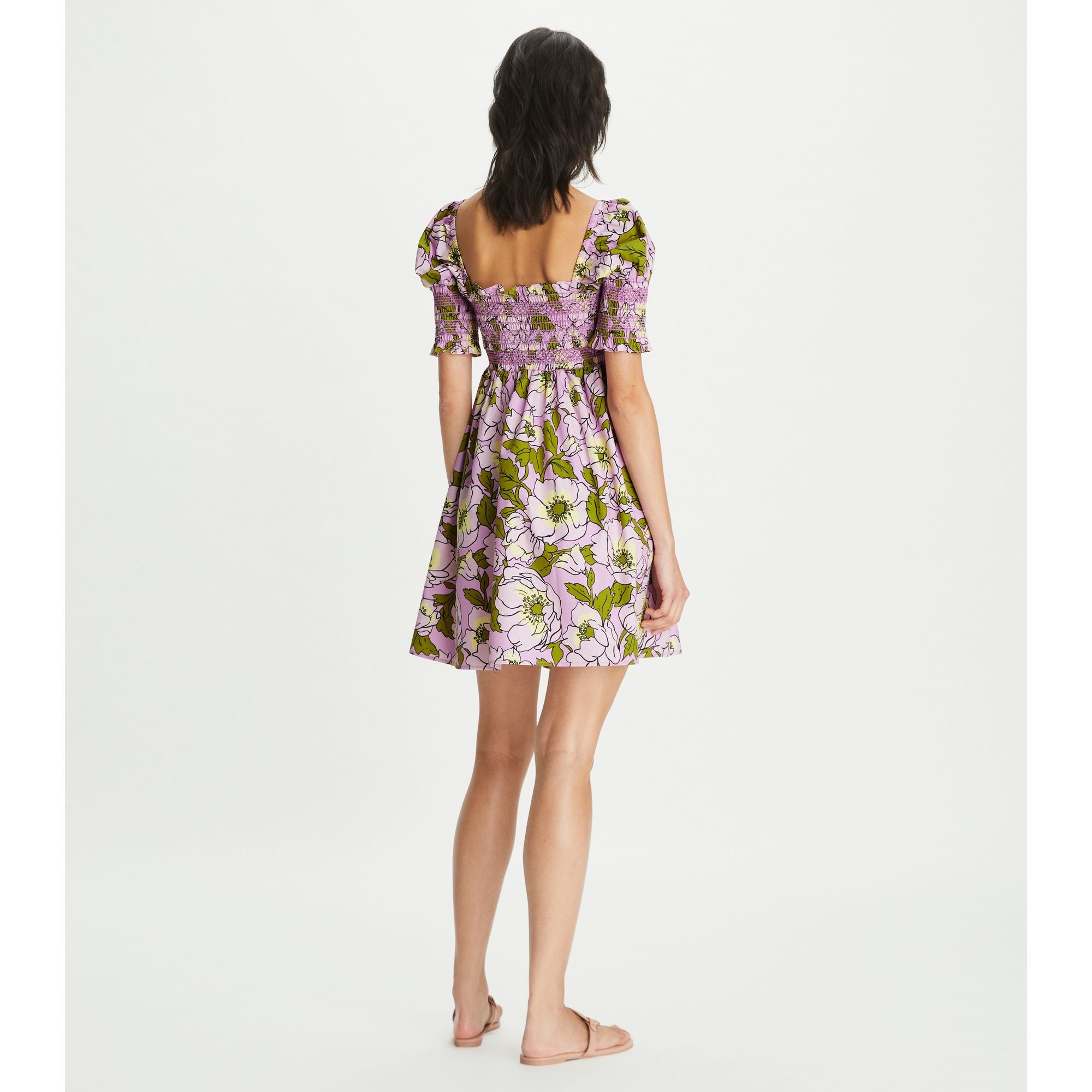 Women Smocked Printed Cotton Mini Dress - Aster Pink Bold Flower