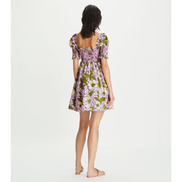 Women Smocked Printed Cotton Mini Dress - Aster Pink Bold Flower