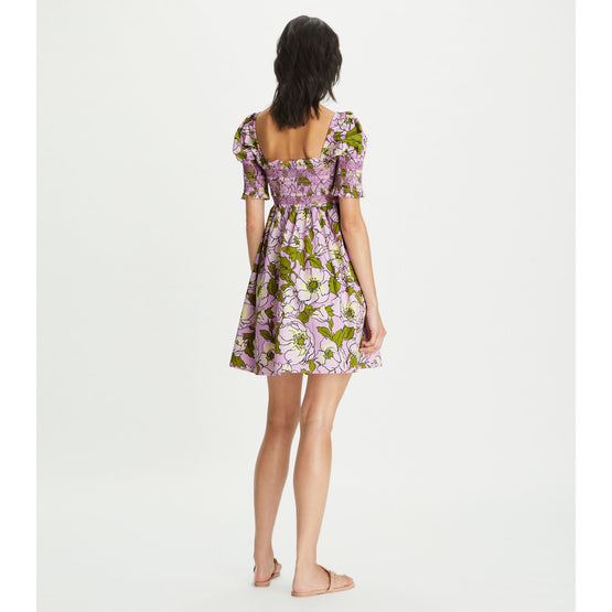 Women Smocked Printed Cotton Mini Dress - Aster Pink Bold Flower