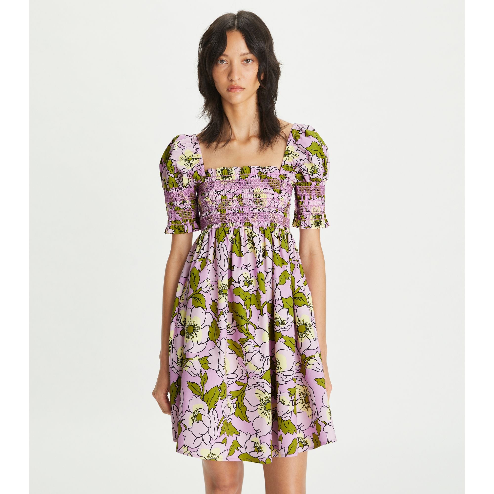 Women Smocked Printed Cotton Mini Dress - Aster Pink Bold Flower