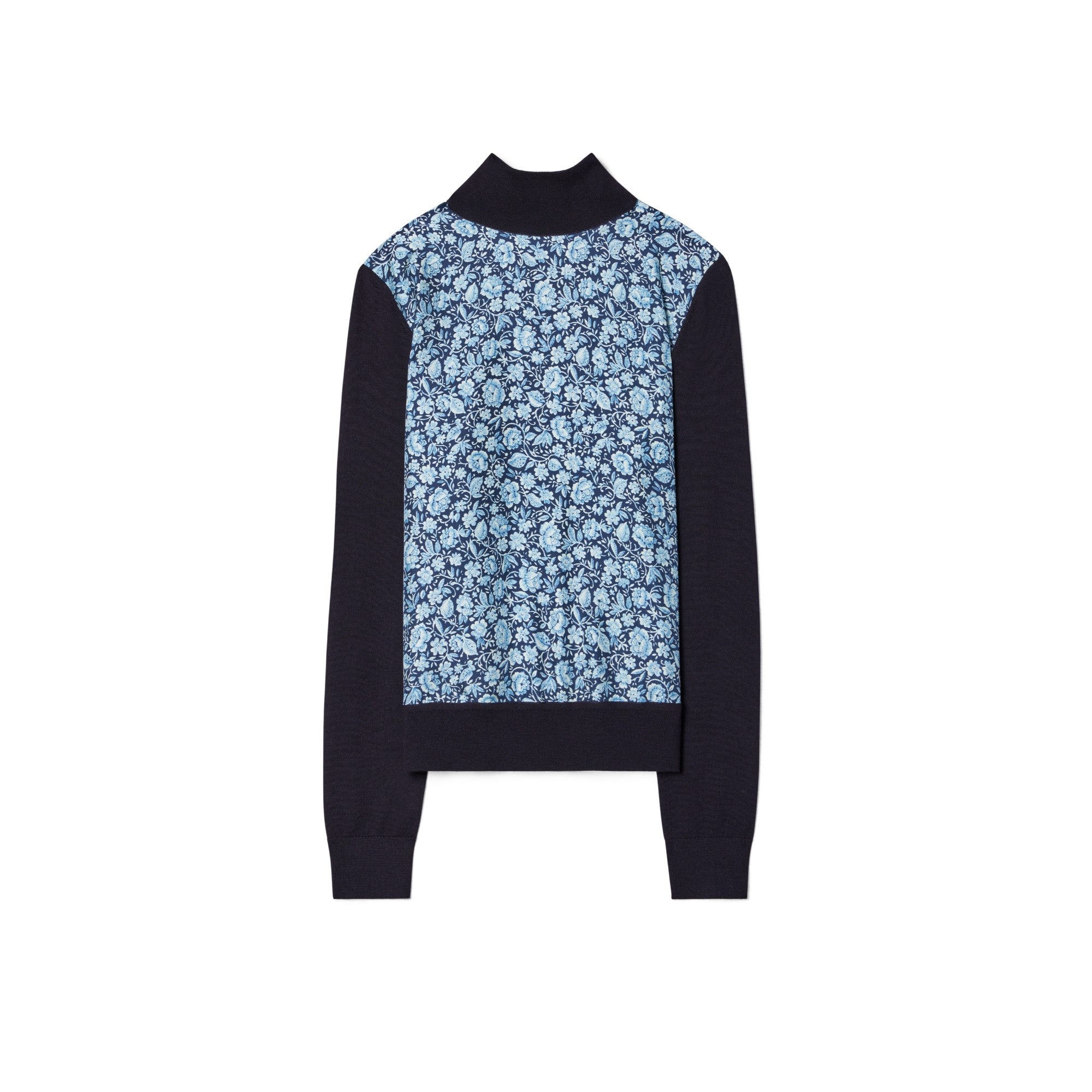 Women Silk-Front Wool Turtleneck - Medium Navy Floral