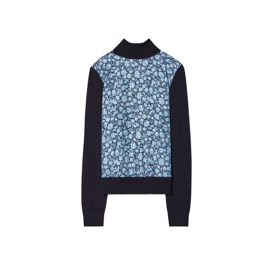 Women Silk-Front Wool Turtleneck - Medium Navy Floral
