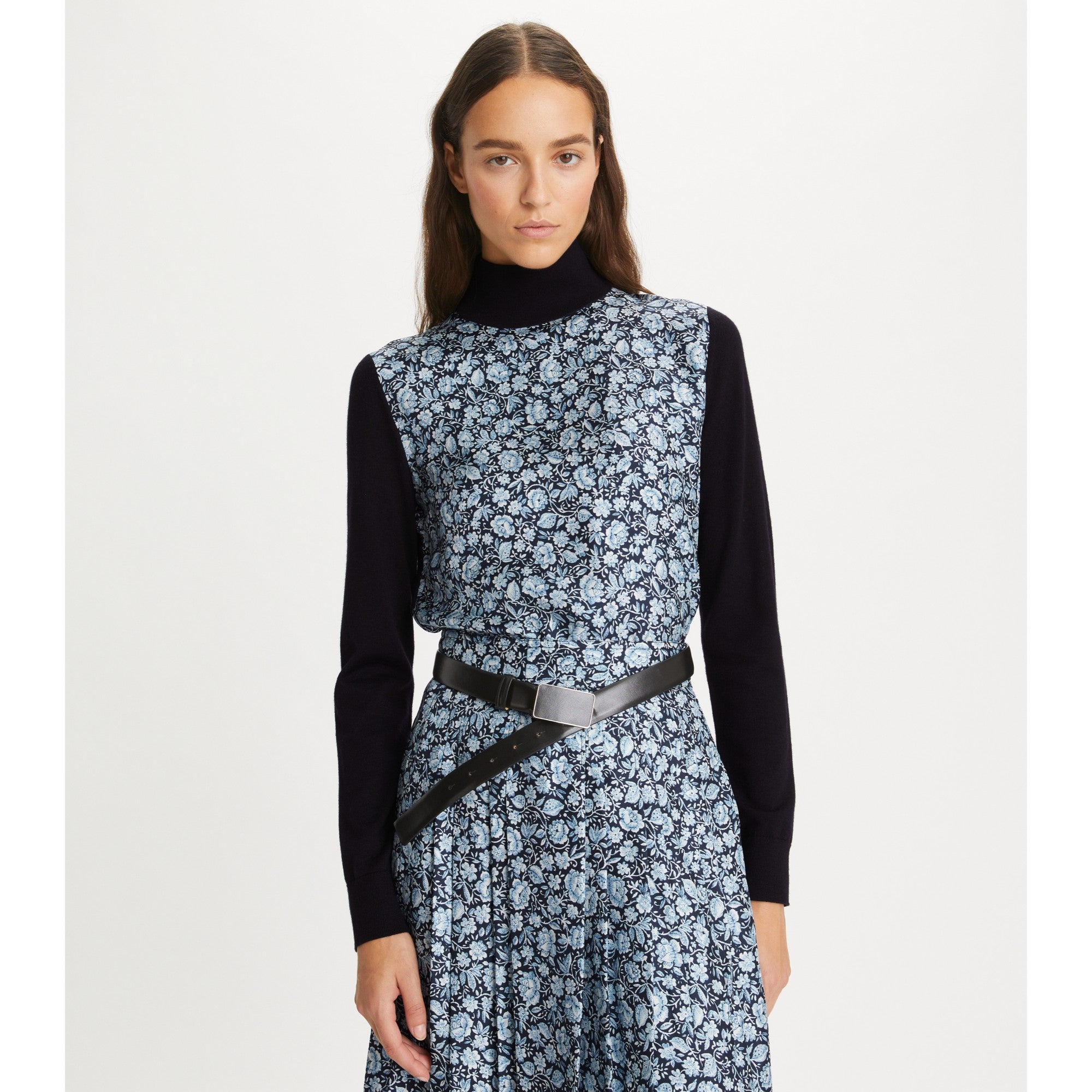 Women Silk-Front Wool Turtleneck - Medium Navy Floral