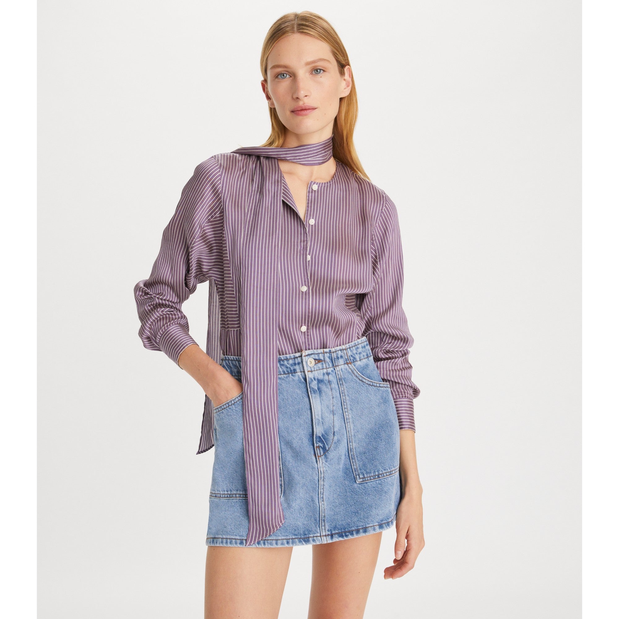 Women Striped Viscose Bow Blouse - Purple Candy Stripe