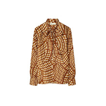 Women Printed Silk Twill Bow Blouse - Brown Warped Gingham