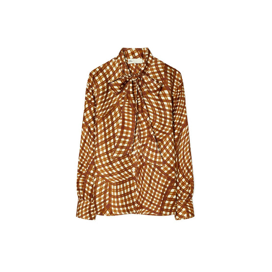 Women Printed Silk Twill Bow Blouse - Brown Warped Gingham