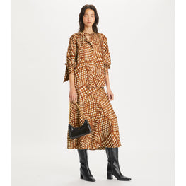 Women Printed Silk Twill Bow Blouse - Brown Warped Gingham