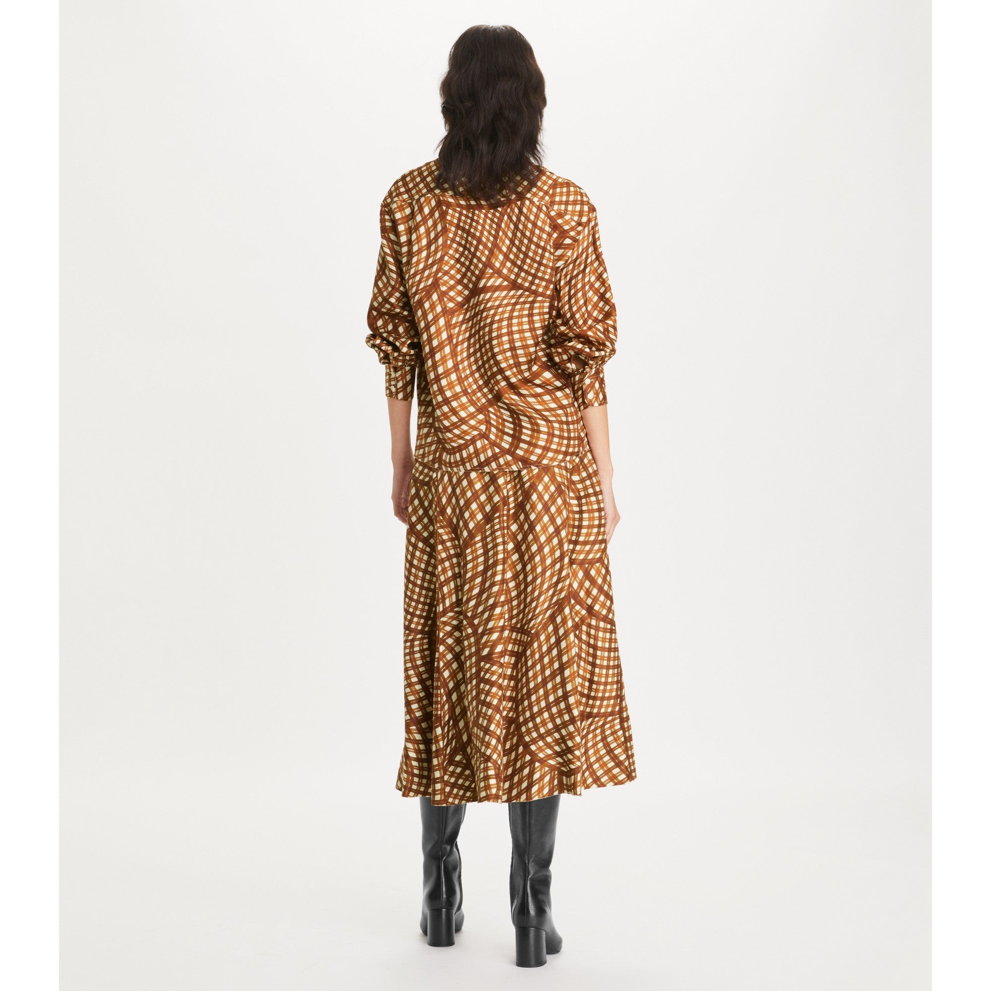 Women Printed Silk Twill Bow Blouse - Brown Warped Gingham