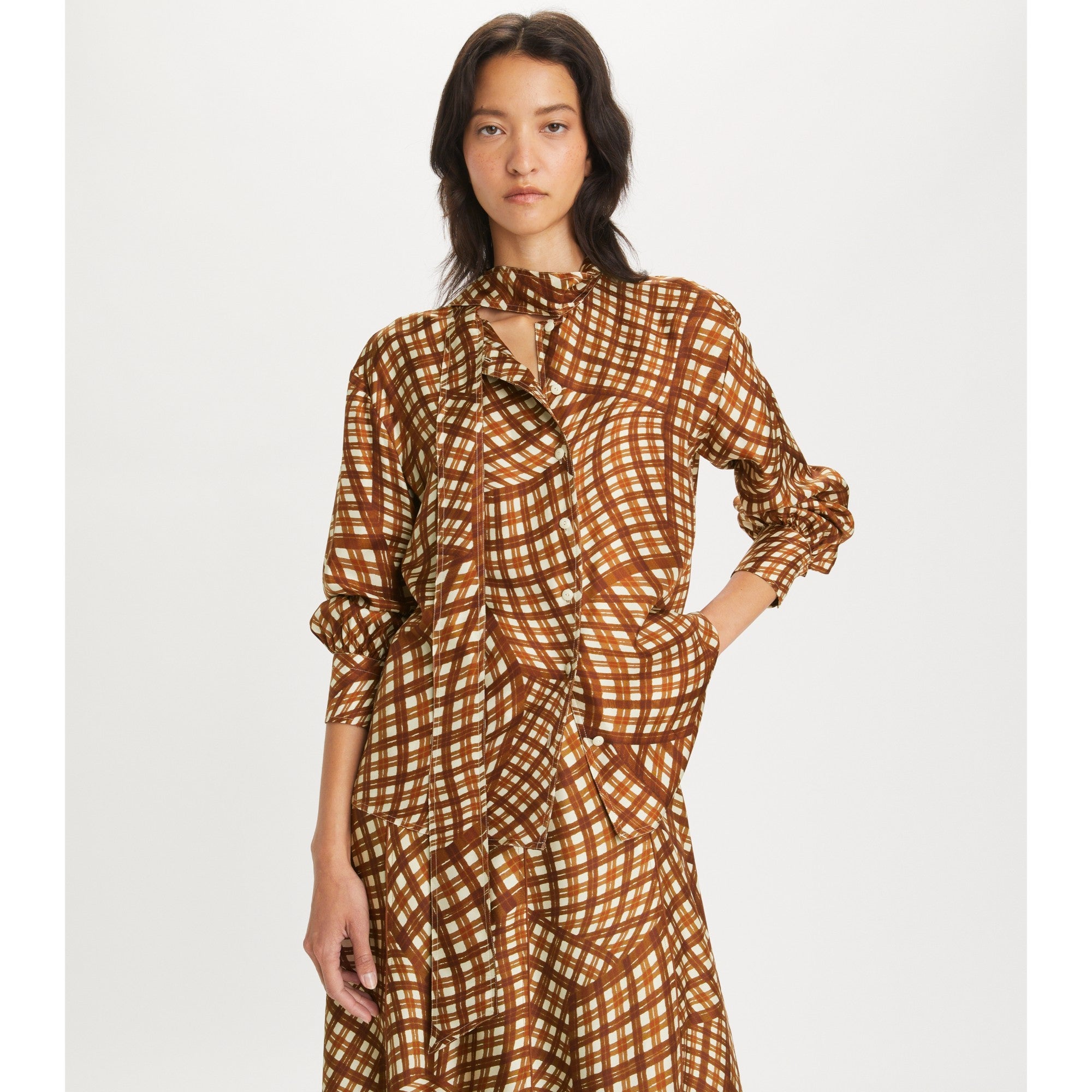 Women Printed Silk Twill Bow Blouse - Brown Warped Gingham