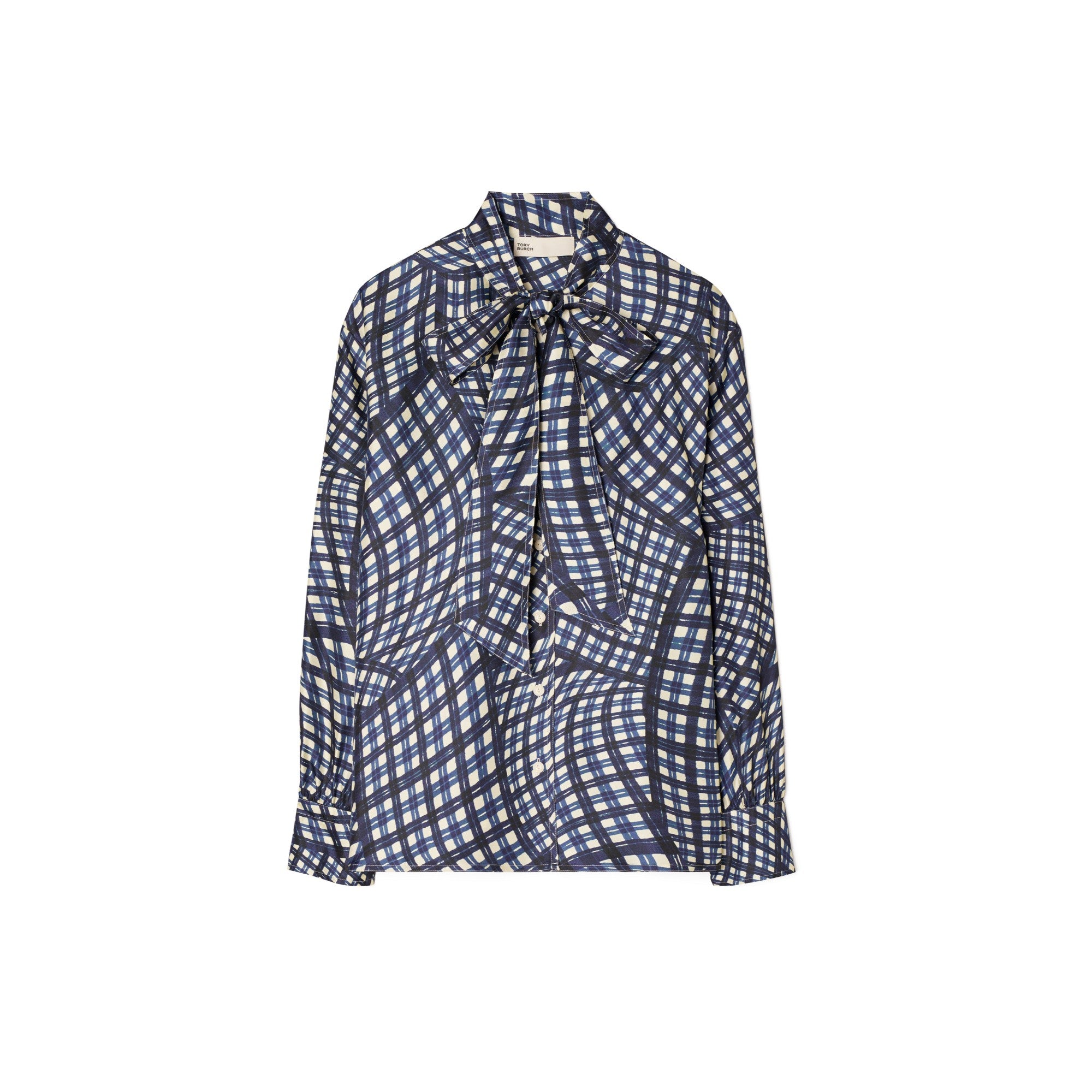 Women Printed Silk Twill Bow Blouse - Navy Warped Gingham