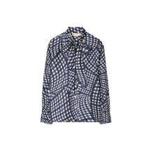 Women Printed Silk Twill Bow Blouse - Navy Warped Gingham
