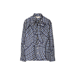 Women Printed Silk Twill Bow Blouse - Navy Warped Gingham
