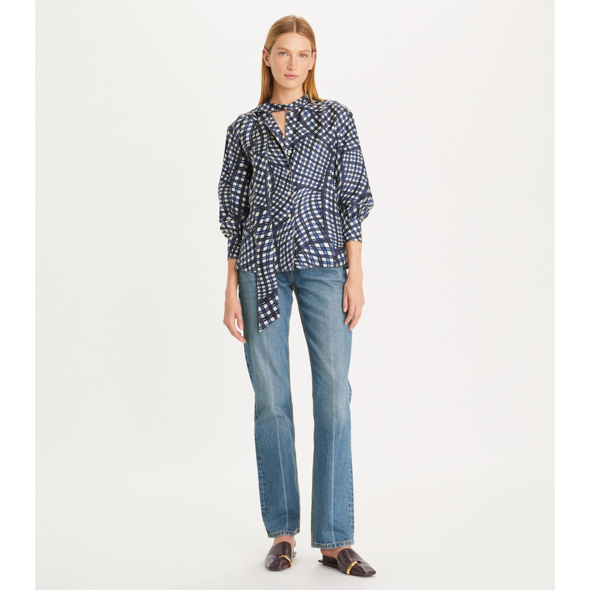 Women Printed Silk Twill Bow Blouse - Navy Warped Gingham