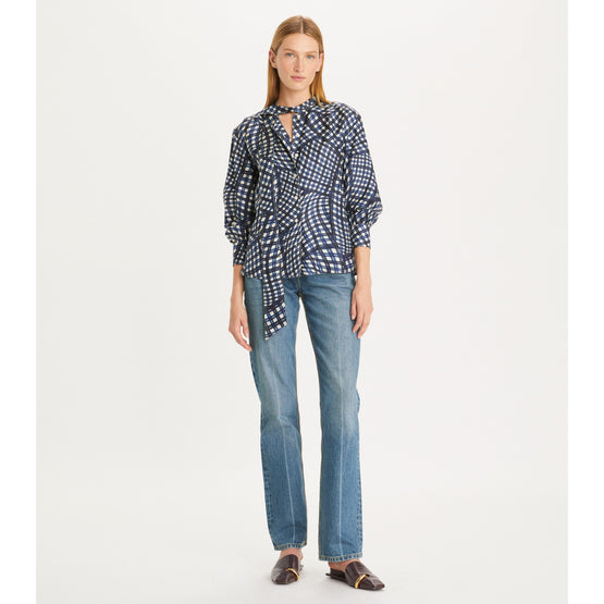 Women Printed Silk Twill Bow Blouse - Navy Warped Gingham