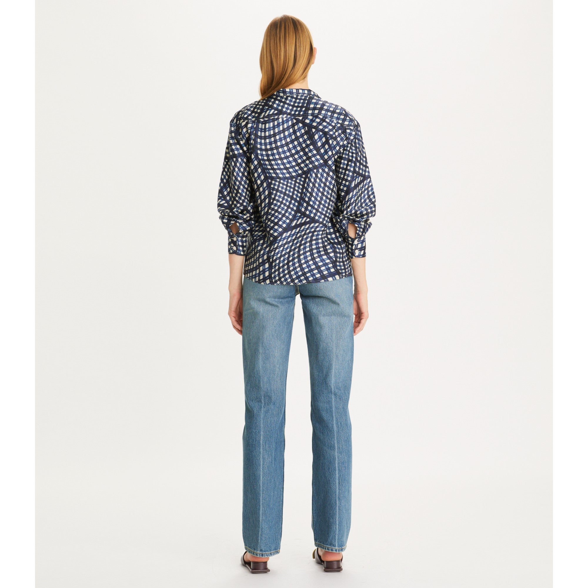 Women Printed Silk Twill Bow Blouse - Navy Warped Gingham