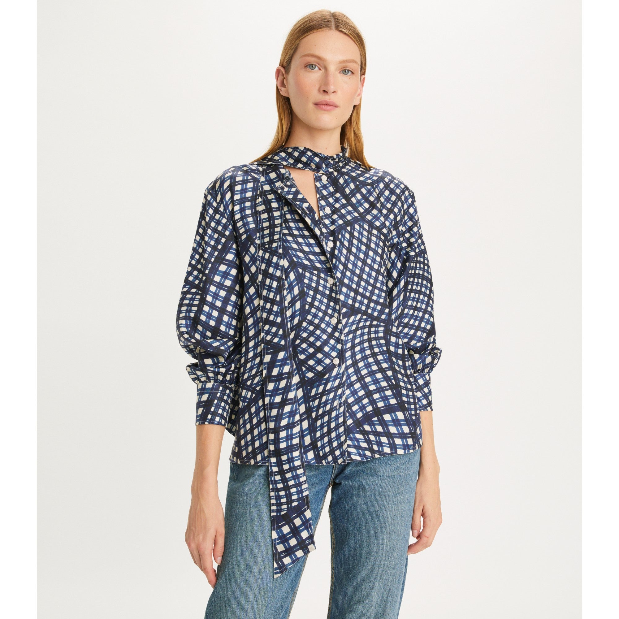 Women Printed Silk Twill Bow Blouse - Navy Warped Gingham