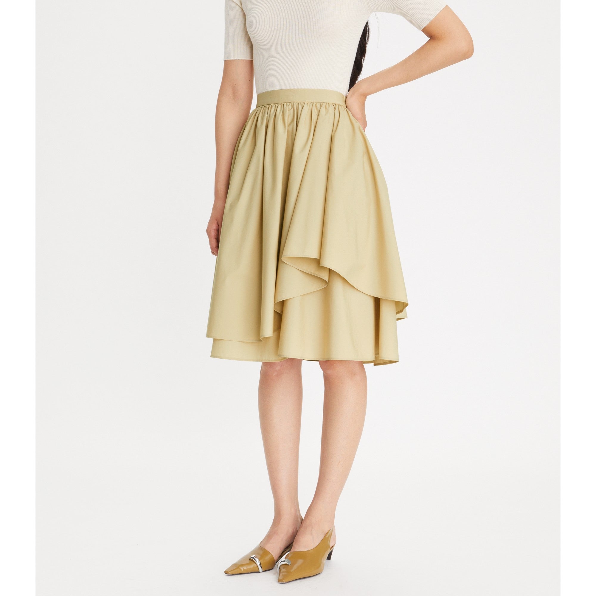 Women Cotton Poplin Layered Skirt - Natural Khaki