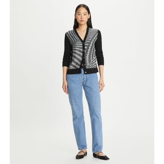 Women Silk Front Cardigan - Black / Black Warped Lace