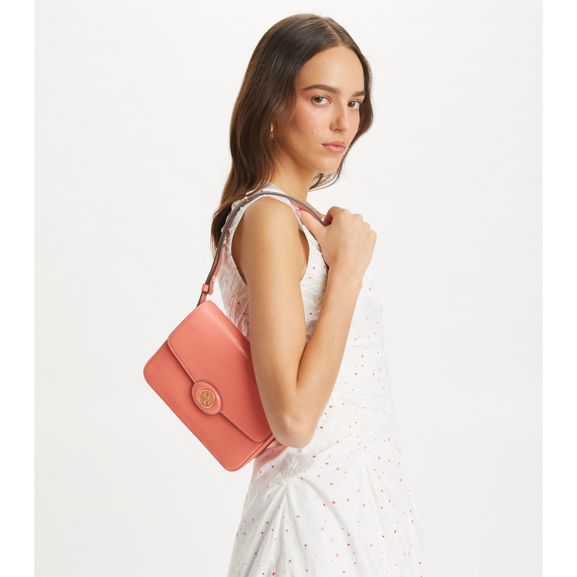 Women Robinson Crosshatched Convertible Shoulder Bag - Coral Crush