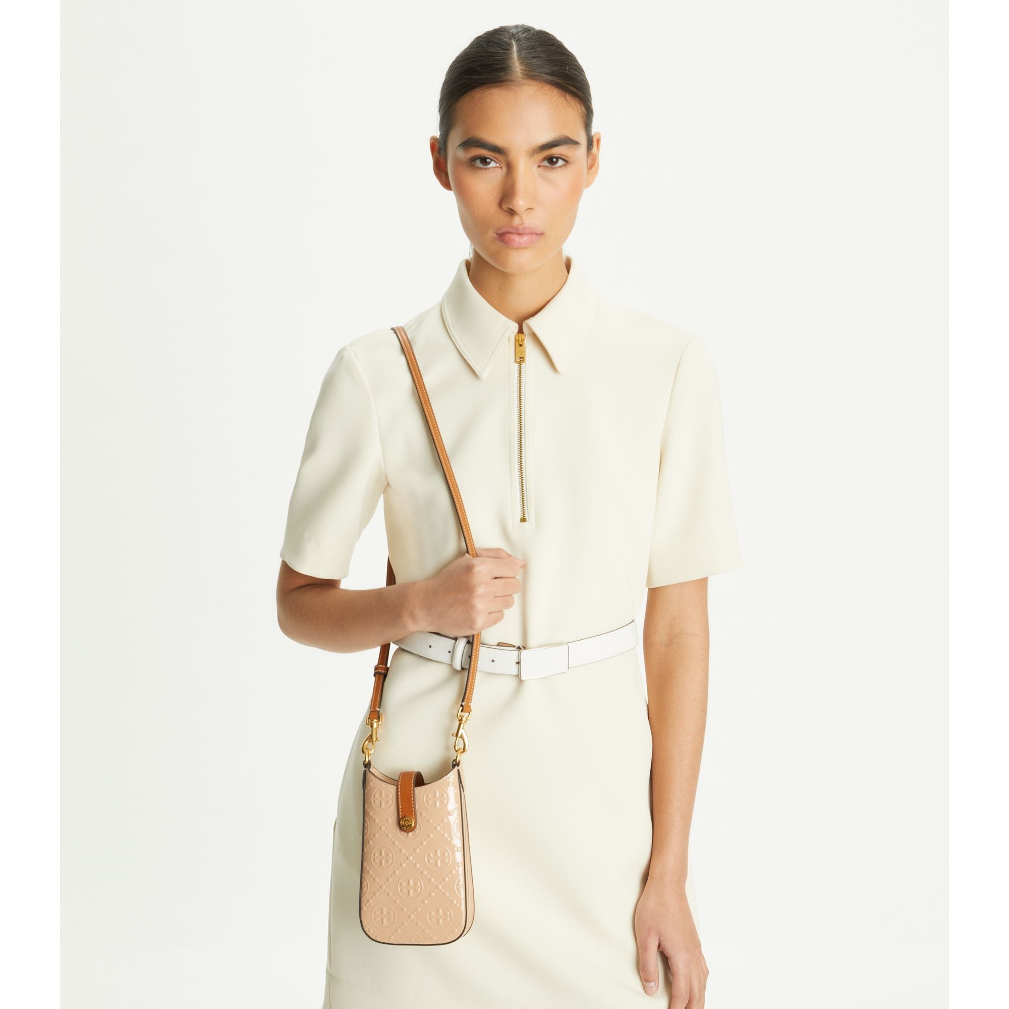 Women T Monogram Patent Embossed Phone Crossbody - Light Peach