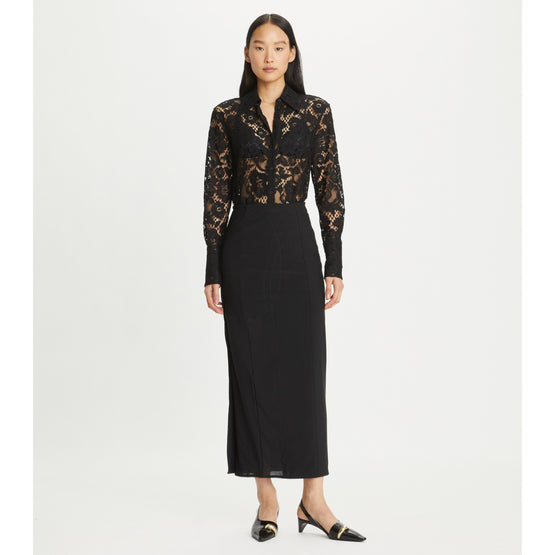 Women Cuffed Lace Buttondown - Black