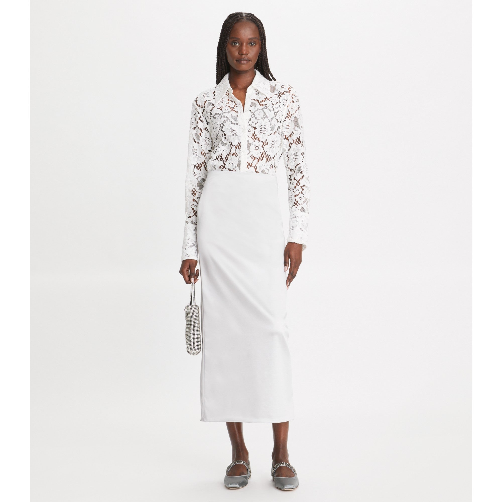 Women Cuffed Lace Buttondown - White