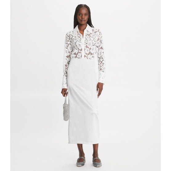 Women Cuffed Lace Buttondown - White