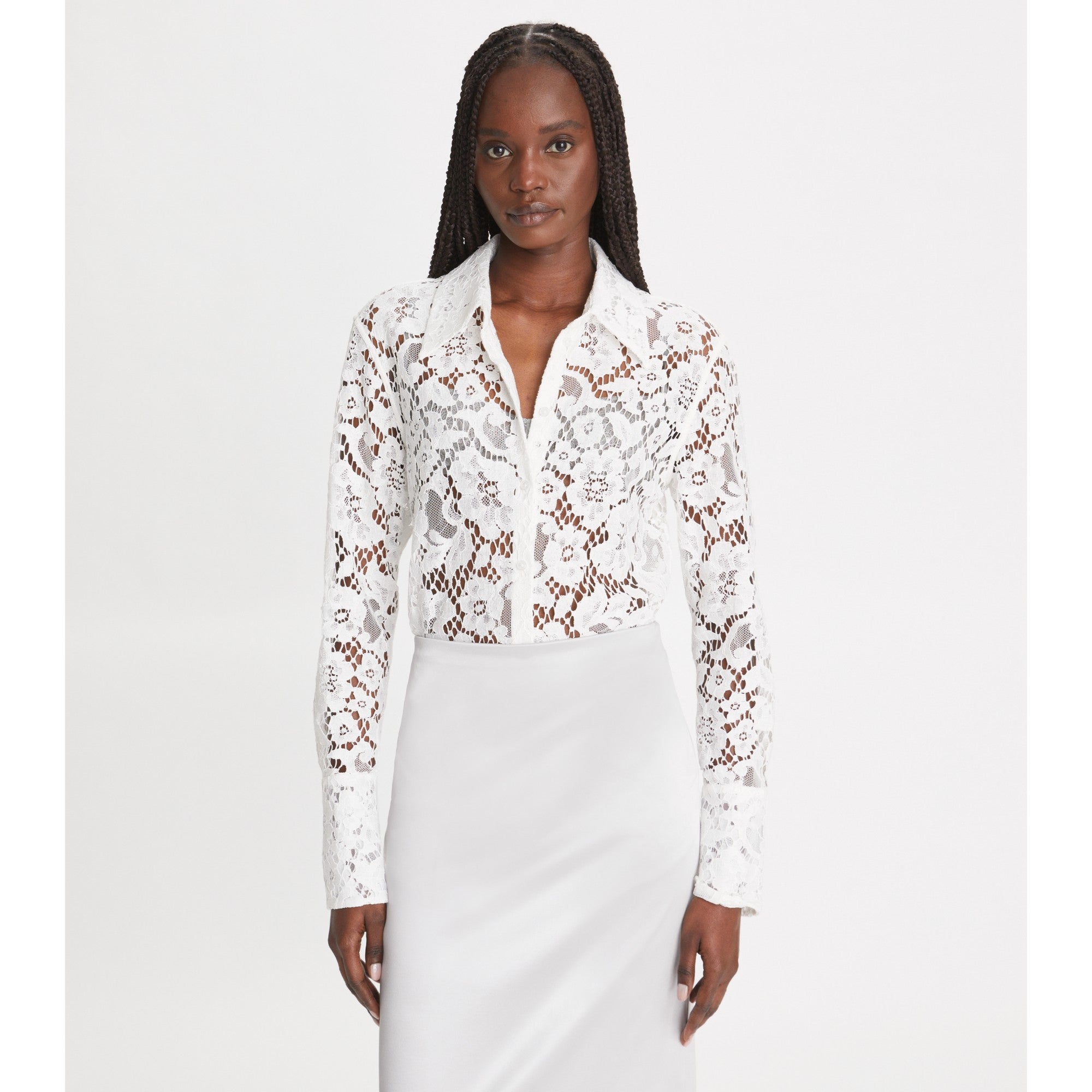 Women Cuffed Lace Buttondown - White