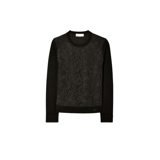 Women Lace-Front Wool Sweater - Black