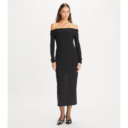 Women Off-Shoulder Mesh Dress - Black