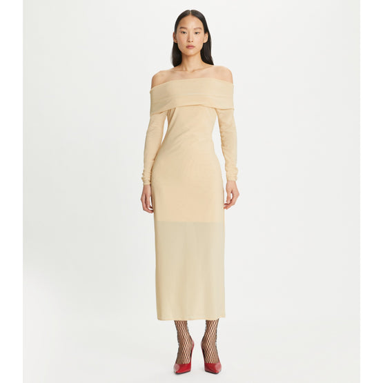Women Off-Shoulder Mesh Dress - Champagne