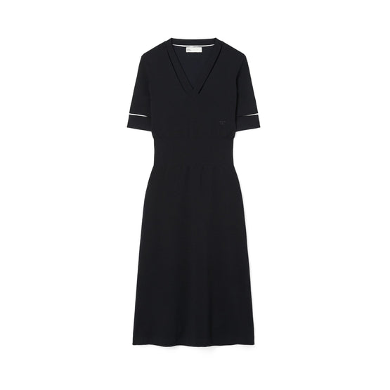 Women V-Neck Wool Dress - Black