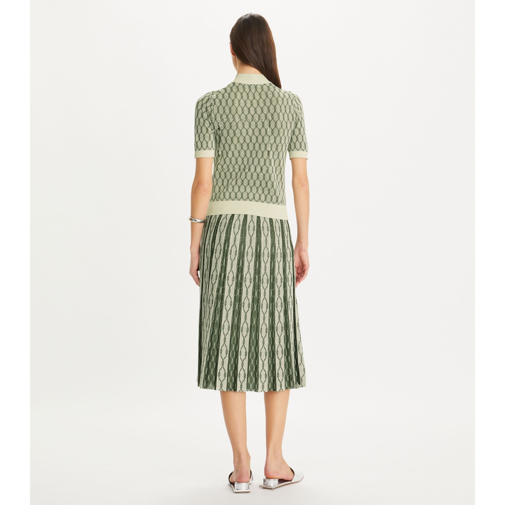 Women Box Pleated Jacquard Skirt - French Cream / Jade