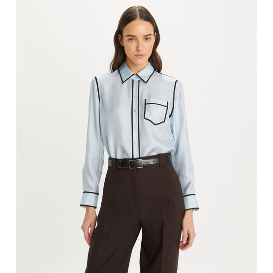 Women Silk Twill Shirt - Iced Blue