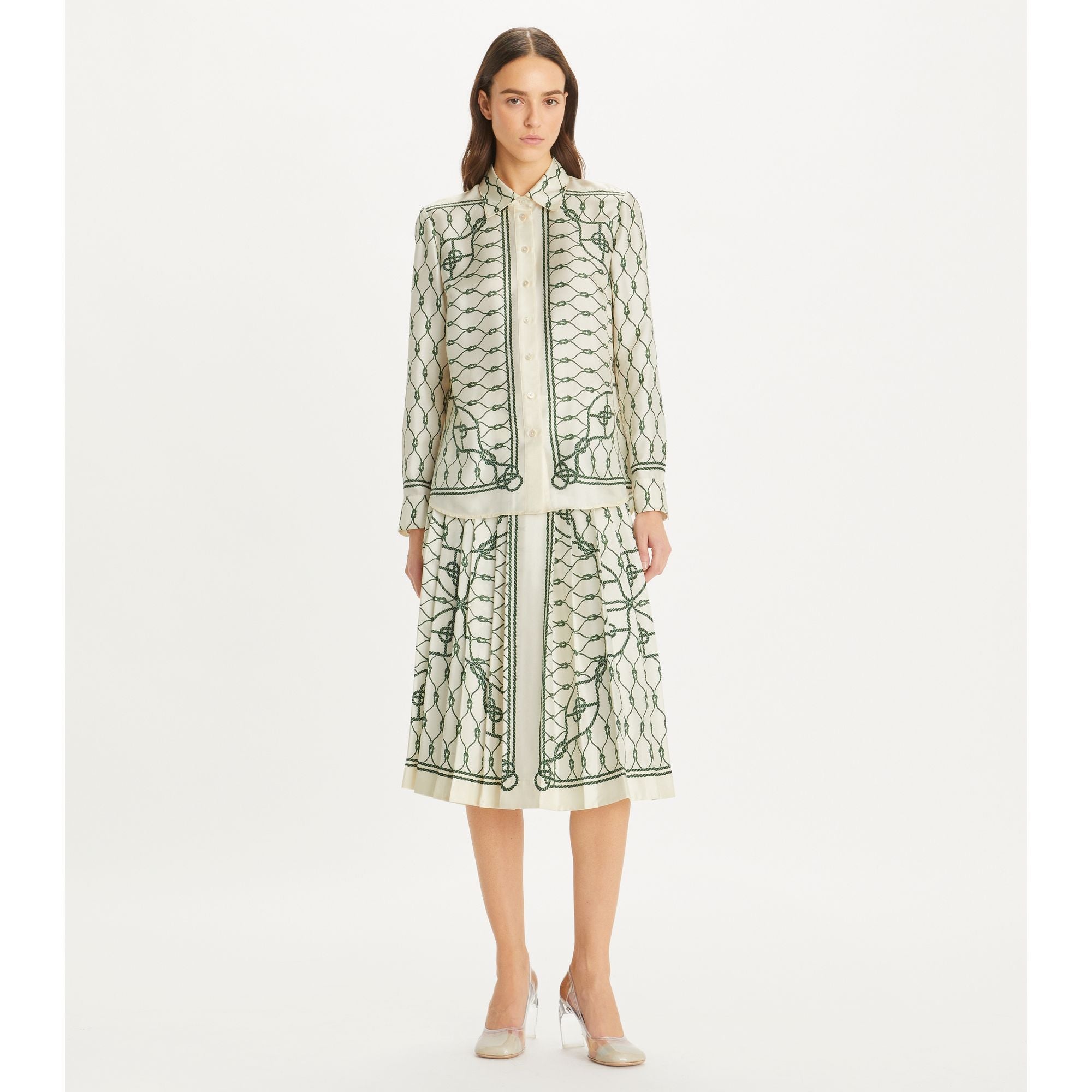 Women Printed Pleated Silk Skirt - Green Knot