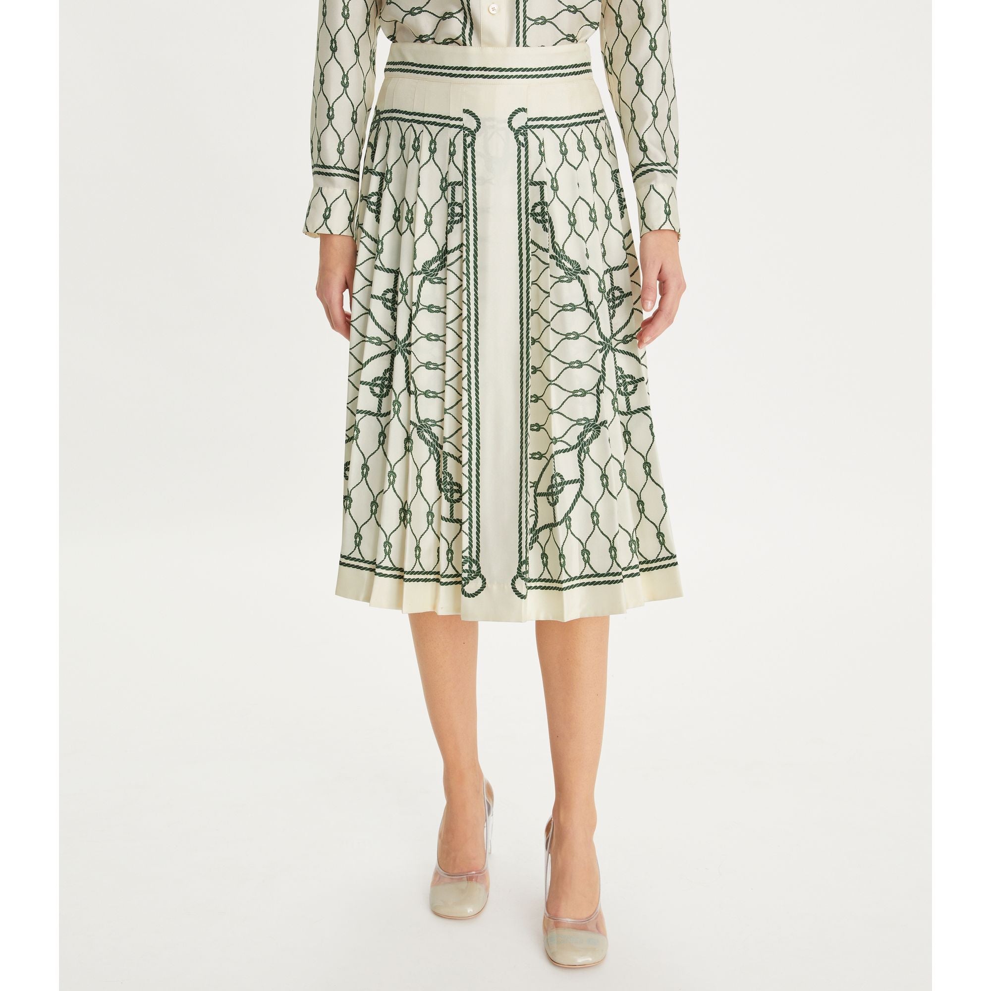 Women Printed Pleated Silk Skirt - Green Knot