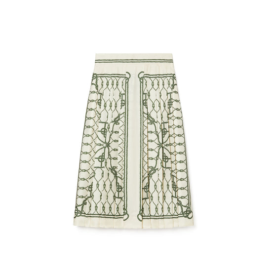 Women Printed Pleated Silk Skirt - Green Knot